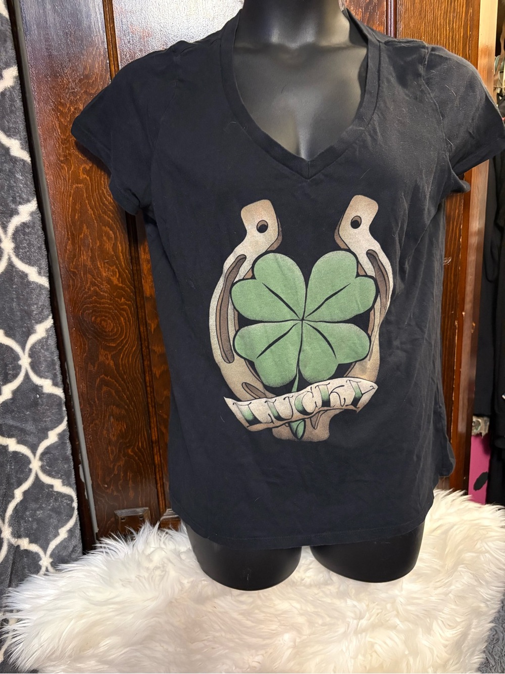 torrid Black V-Neck Tee with Green Clover and Horseshoe Graphic